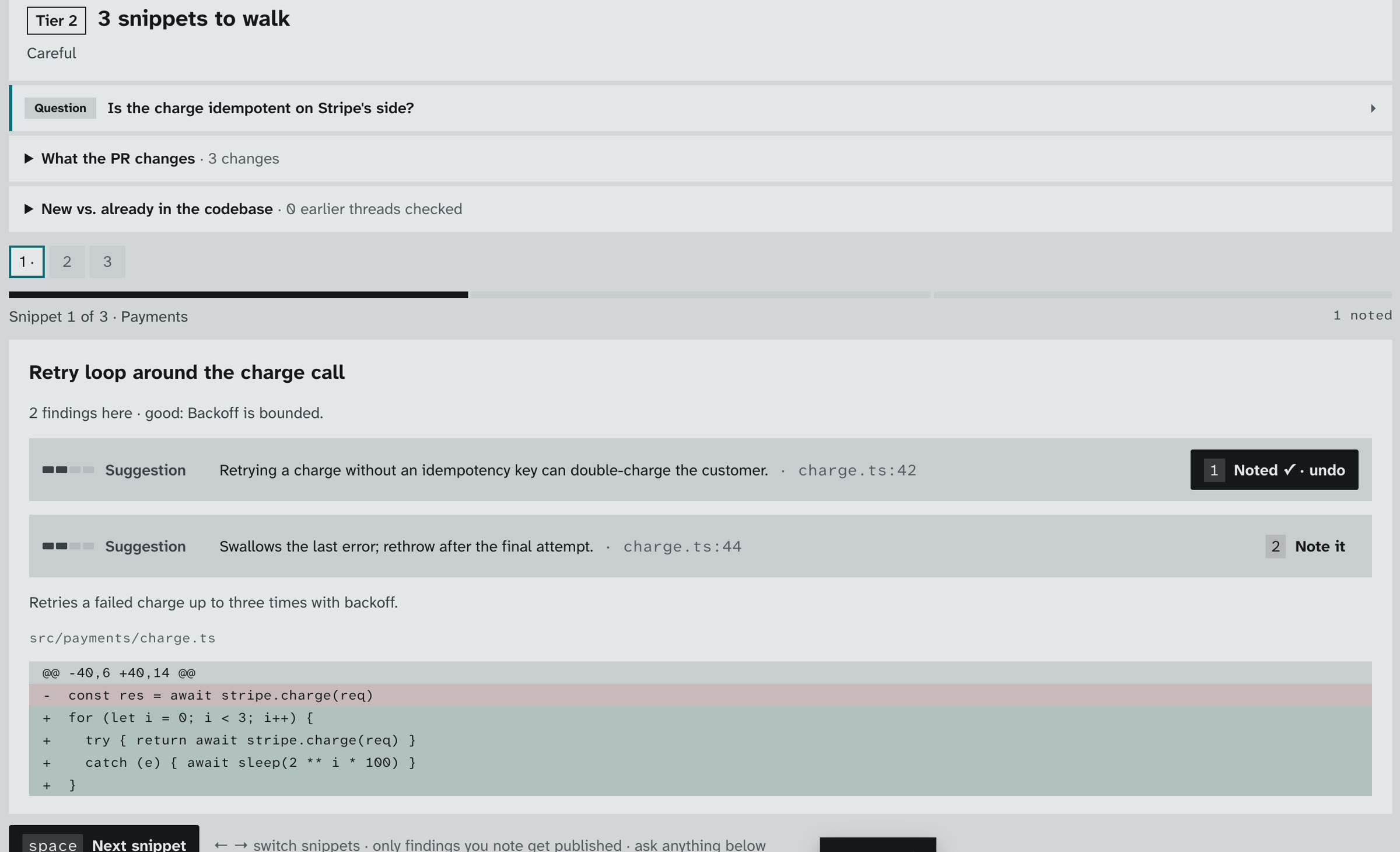 Guided PR review with a noted finding