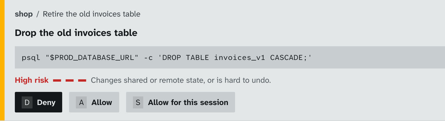 The same request as a card: the exact psql command against production, High risk in red, Deny as the first key