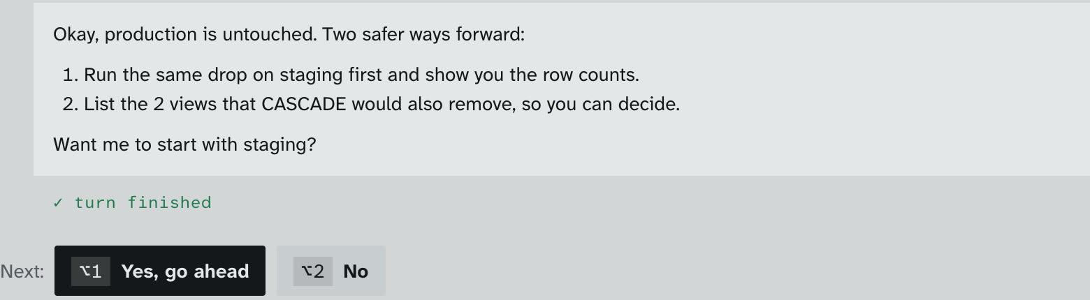 After Deny, Claude offers to run it on staging first